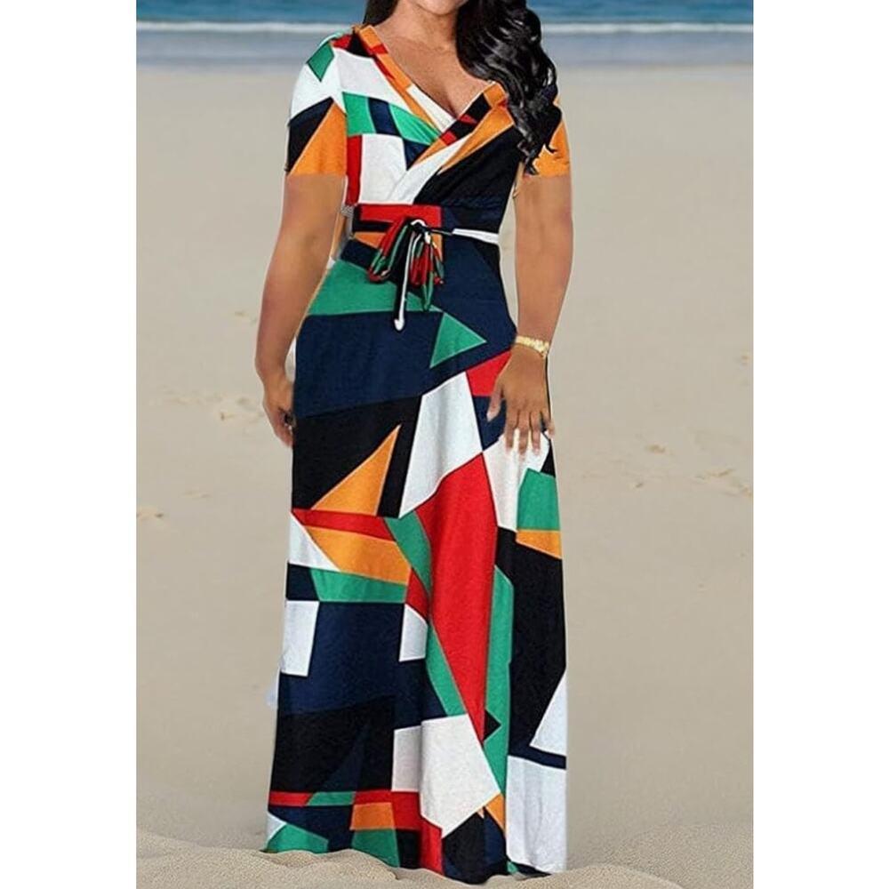 Locryz Women's V Neck 3/4 Sleeve Abstract Printed Loose Long Maxi Dress Size L